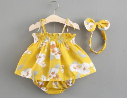 Newborn Baby Girls Floral Sling Off Shoulder T-shirt+PP Shorts Pants+Bow Headband 3Pcs Clothes - ebowsos