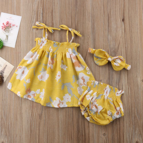 Newborn Baby Girls Floral Sling Off Shoulder T-shirt+PP Shorts Pants+Bow Headband 3Pcs Clothes - ebowsos