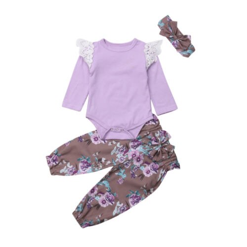 Newborn Baby Girls Flower Lace Cotton Tops Romper Long Sleeve Jumpsuit+Pants+Headband Outfits 3Pcs Autumn Clothes - ebowsos