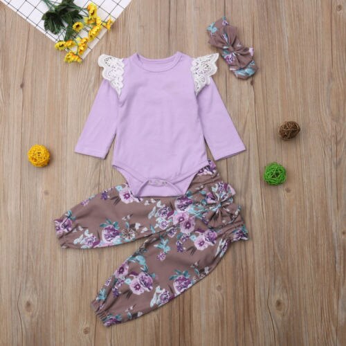 Newborn Baby Girls Flower Lace Cotton Tops Romper Long Sleeve Jumpsuit+Pants+Headband Outfits 3Pcs Autumn Clothes - ebowsos