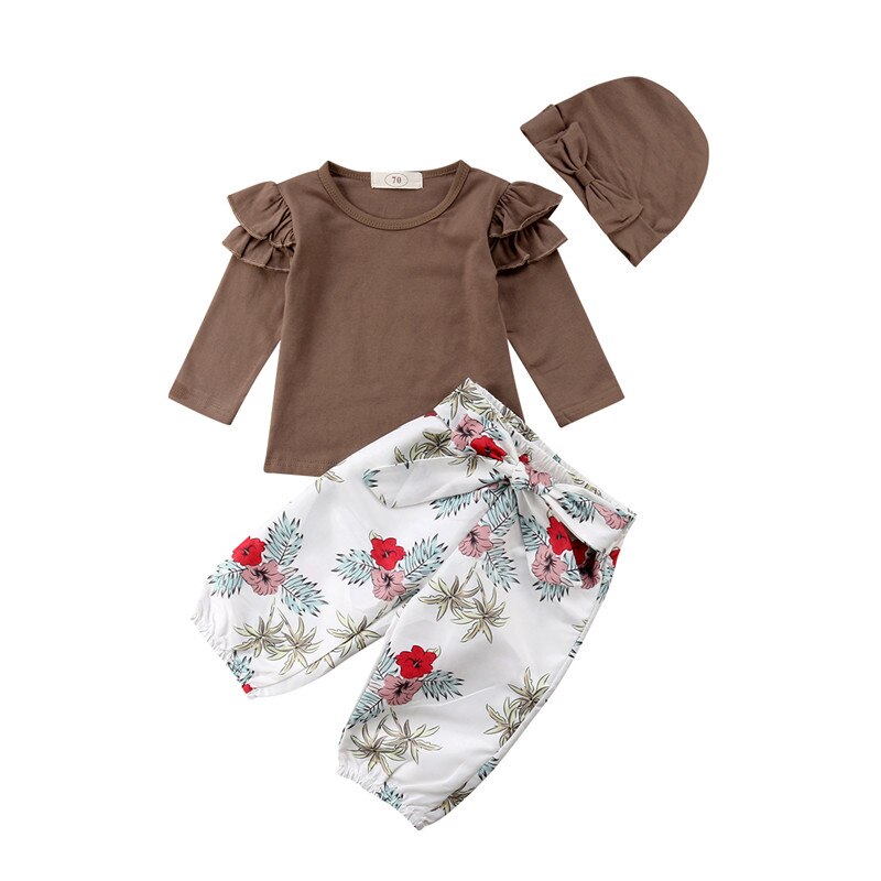 Newborn Baby Girls Fly Long Sleeve Tops T-shirt+Floral Pants 3Pcs Outfits Baby Girl Clothing - ebowsos