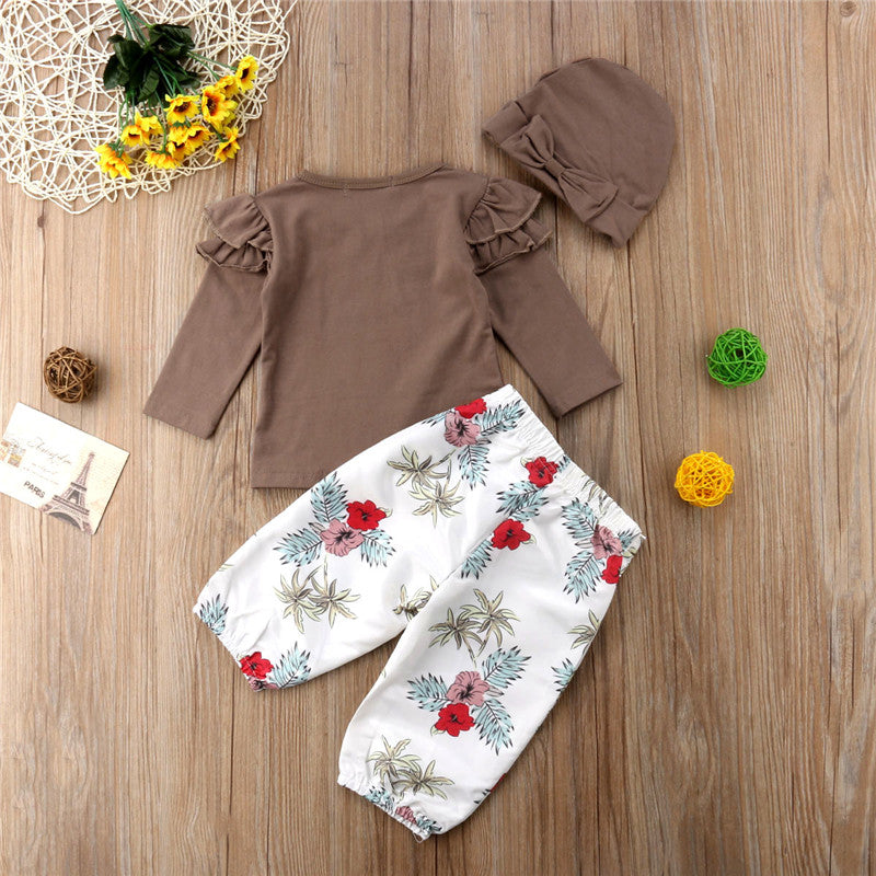 Newborn Baby Girls Fly Long Sleeve Tops T-shirt+Floral Pants 3Pcs Outfits Baby Girl Clothing - ebowsos