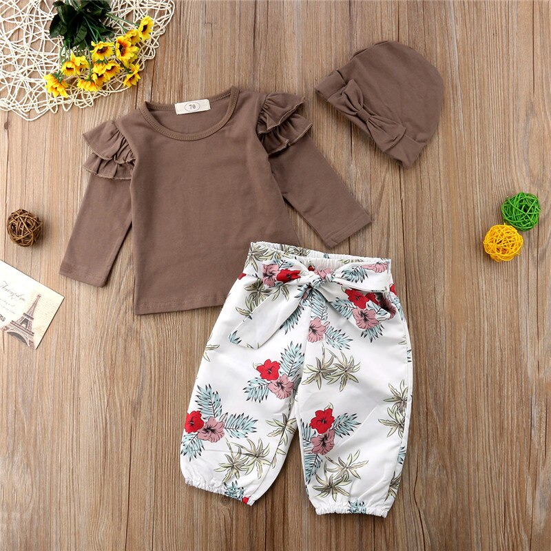 Newborn Baby Girls Fly Long Sleeve Tops T-shirt+Floral Pants 3Pcs Outfits Baby Girl Clothing - ebowsos