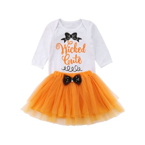 Newborn Baby Girls Halloween Long Sleeve Letters Rompers+TuTu Skirt Orange Outfits Set Clothes - ebowsos