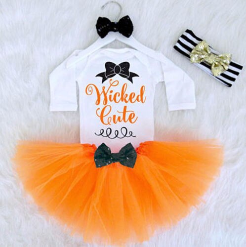 Newborn Baby Girls Halloween Long Sleeve Letters Rompers+TuTu Skirt Orange Outfits Set Clothes - ebowsos