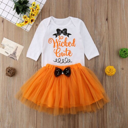 Newborn Baby Girls Halloween Long Sleeve Letters Rompers+TuTu Skirt Orange Outfits Set Clothes - ebowsos