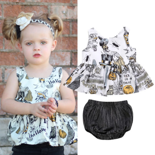 Newborn Baby Girls Halloween Tops Witch Sleeveless Dress + Shorts Outfits Clothes - ebowsos