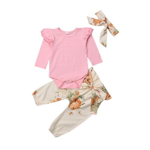 Newborn Baby Girls Infant Romper Tops+Floral Leggings Headband 3PCS Outfits Set - ebowsos