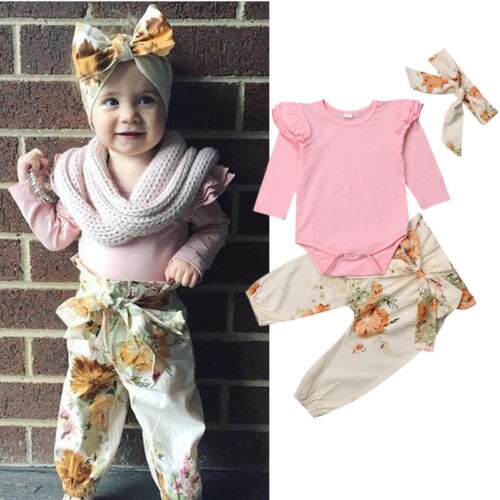 Newborn Baby Girls Infant Romper Tops+Floral Leggings Headband 3PCS Outfits Set - ebowsos