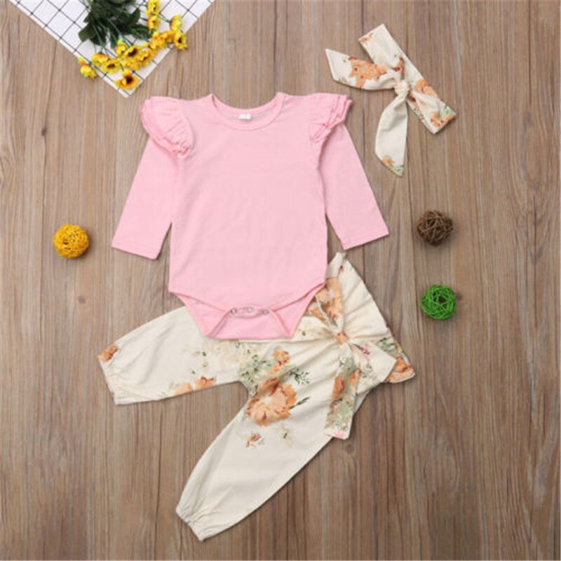 Newborn Baby Girls Infant Romper Tops+Floral Leggings Headband 3PCS Outfits Set - ebowsos