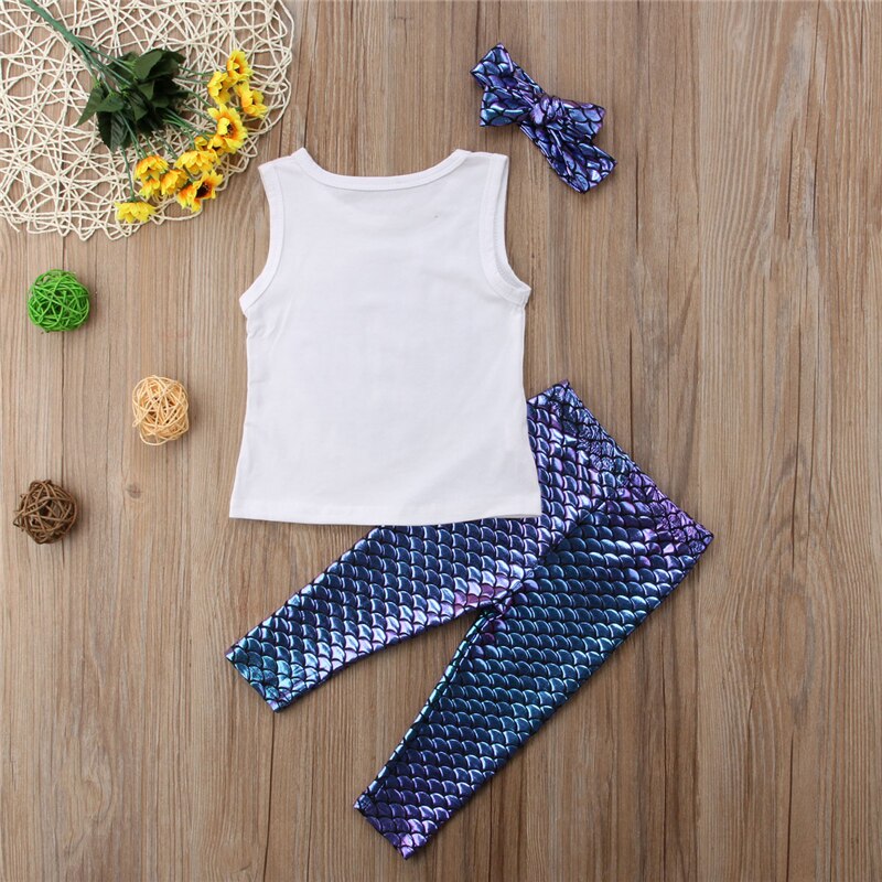 Newborn Baby Girls Infant Shell Print Vest Sleeveless T-shirt Tops+Scales Pants+Headband 3Pc Summer Outfit Clothes - ebowsos