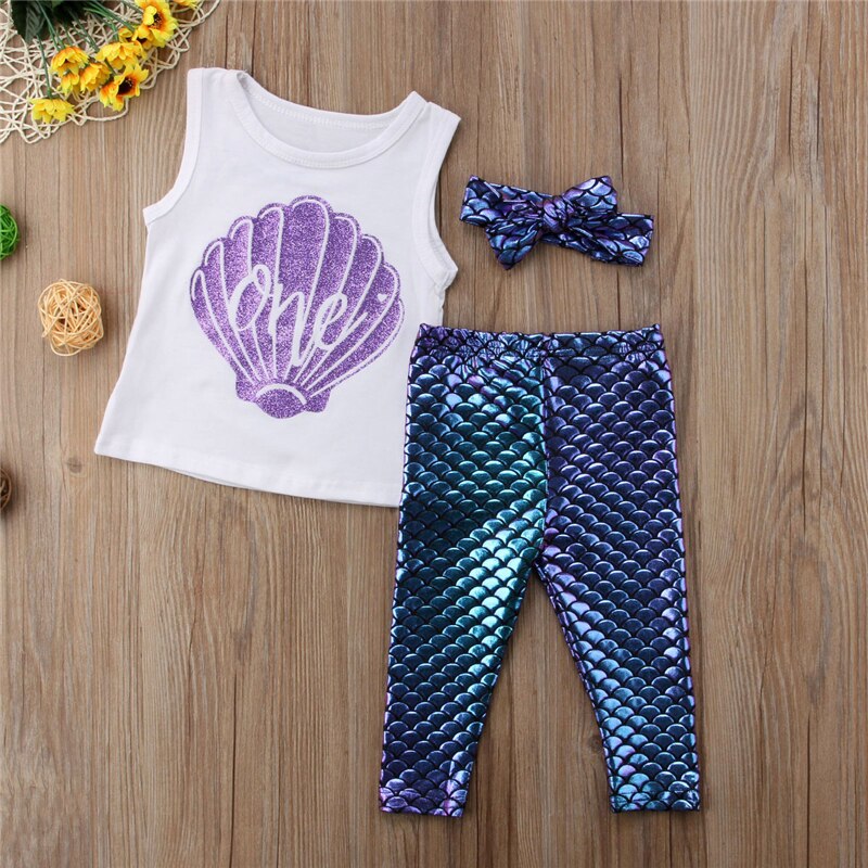 Newborn Baby Girls Infant Shell Print Vest Sleeveless T-shirt Tops+Scales Pants+Headband 3Pc Summer Outfit Clothes - ebowsos