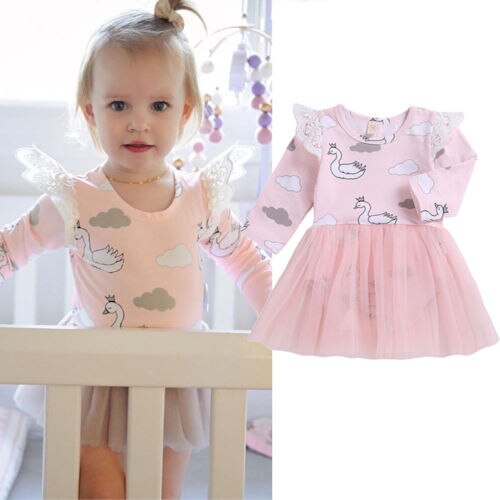 Newborn Baby Girls Infant Swan Romper Jumpsuit Lace Tutu Dress Outfits Patchwork Pink Autumn Clothes - ebowsos