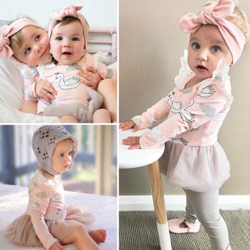 Newborn Baby Girls Infant Swan Romper Jumpsuit Lace Tutu Dress Outfits Patchwork Pink Autumn Clothes - ebowsos