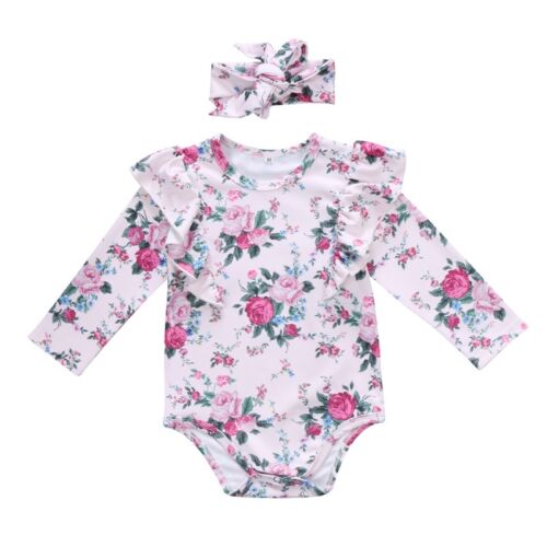 Newborn Baby Girls Romper Long Sleeve Jumpsuit Headband Outfits Clothes - ebowsos