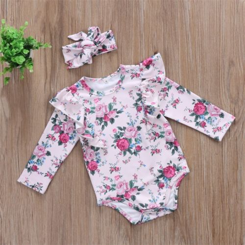 Newborn Baby Girls Romper Long Sleeve Jumpsuit Headband Outfits Clothes - ebowsos