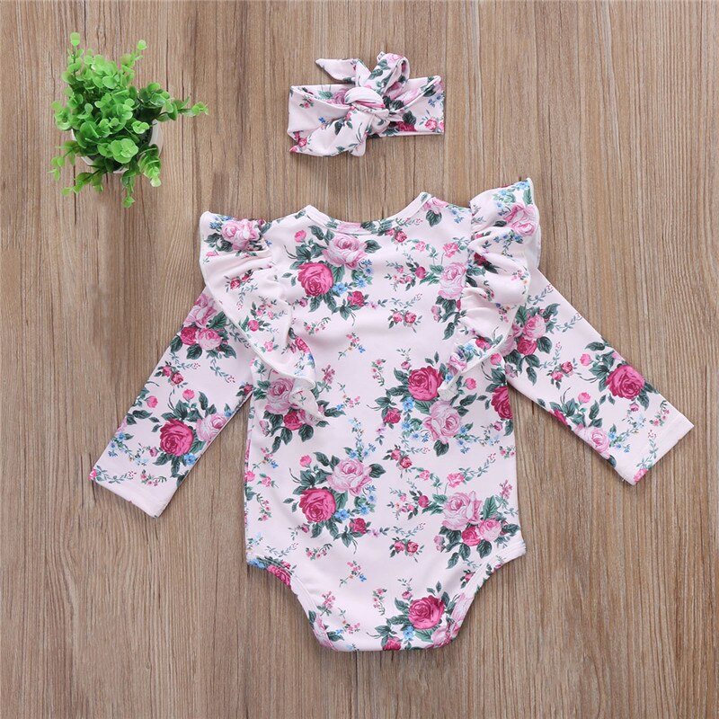 Newborn Baby Girls Romper Long Sleeve Jumpsuit Headband Outfits Clothes - ebowsos