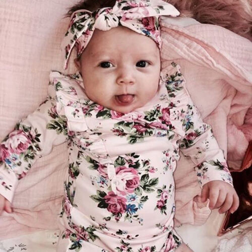 Newborn Baby Girls Romper Long Sleeve Jumpsuit Headband Outfits Clothes - ebowsos