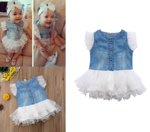 Newborn Baby Girls Sleeveless Patchwork Lace Tutu Dress Ruffles Tiered Clothes Newborn Baby Girl Clothing Dress Denim 0-24M - ebowsos