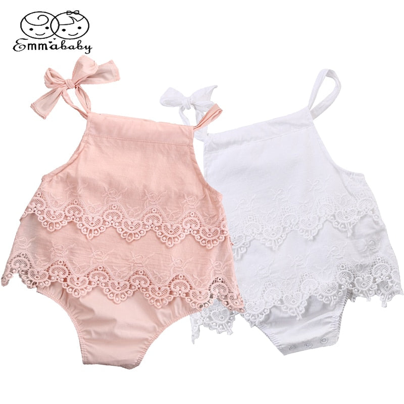 Newborn Baby Girls Sleeveless Rompers Jumpsuit Crochet Lace Ruffle solid Infant baby Summer Clothes outfits - ebowsos