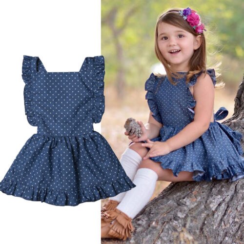 Newborn Baby Girls Summer Blue Dot Sleeveless Princess Party Dress Back Cross Backless Party Dress 1-6T - ebowsos