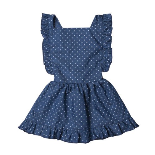 Newborn Baby Girls Summer Blue Dot Sleeveless Princess Party Dress Back Cross Backless Party Dress 1-6T - ebowsos