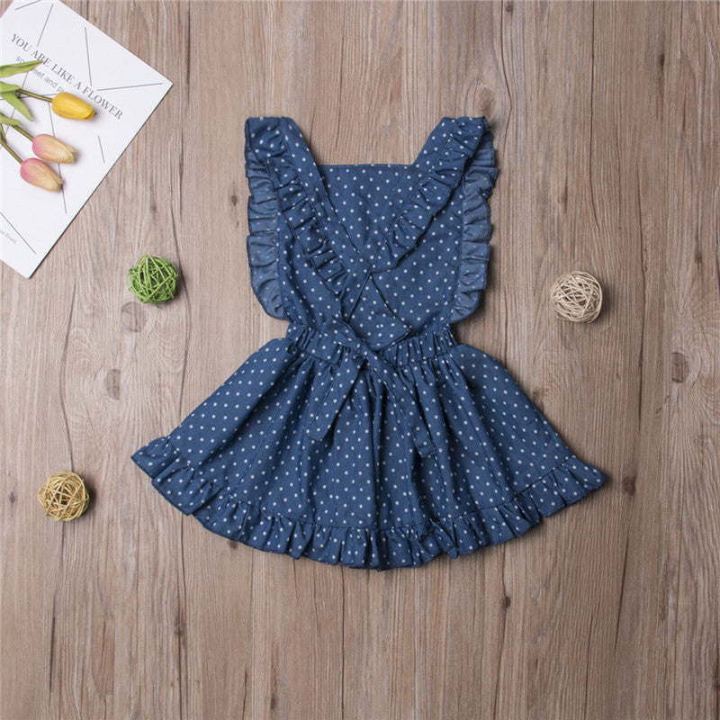 Newborn Baby Girls Summer Blue Dot Sleeveless Princess Party Dress Back Cross Backless Party Dress 1-6T - ebowsos