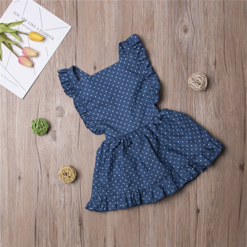 Newborn Baby Girls Summer Blue Dot Sleeveless Princess Party Dress Back Cross Backless Party Dress 1-6T - ebowsos