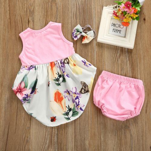 Newborn Baby Girls Summer Casual Flower Dress+Short Pants+Headband Outfits - ebowsos