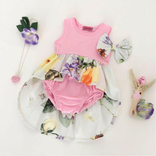 Newborn Baby Girls Summer Casual Flower Dress+Short Pants+Headband Outfits - ebowsos