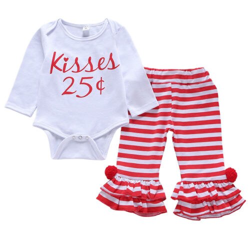 Newborn Baby Girls Tops Long Sleeve Bodysuit Ruffles+Striped Flare Pants Outfit Clothes Set - ebowsos