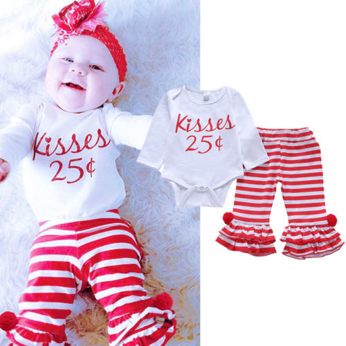 Newborn Baby Girls Tops Long Sleeve Bodysuit Ruffles+Striped Flare Pants Outfit Clothes Set - ebowsos