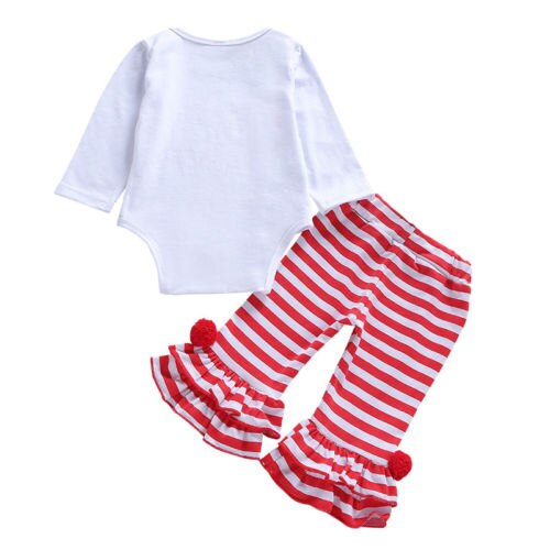 Newborn Baby Girls Tops Long Sleeve Bodysuit Ruffles+Striped Flare Pants Outfit Clothes Set - ebowsos