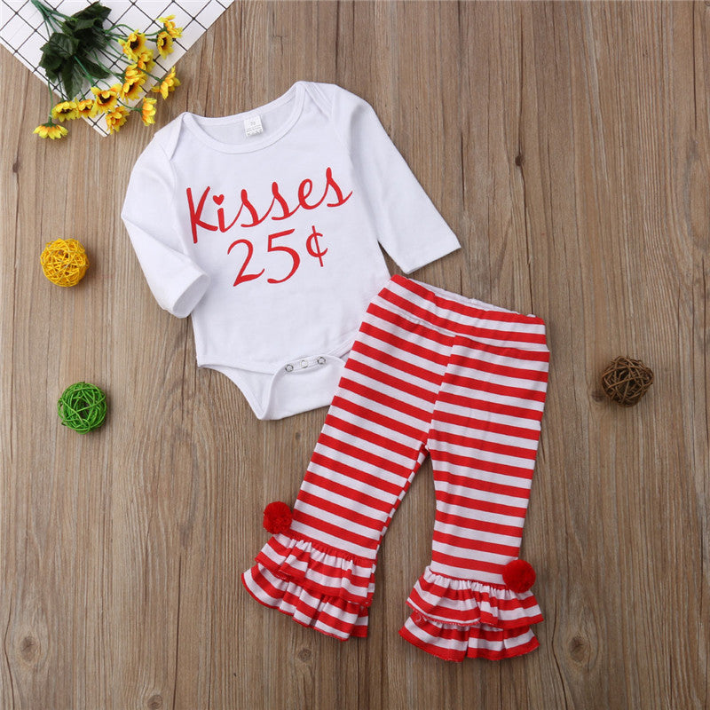 Newborn Baby Girls Tops Long Sleeve Bodysuit Ruffles+Striped Flare Pants Outfit Clothes Set - ebowsos