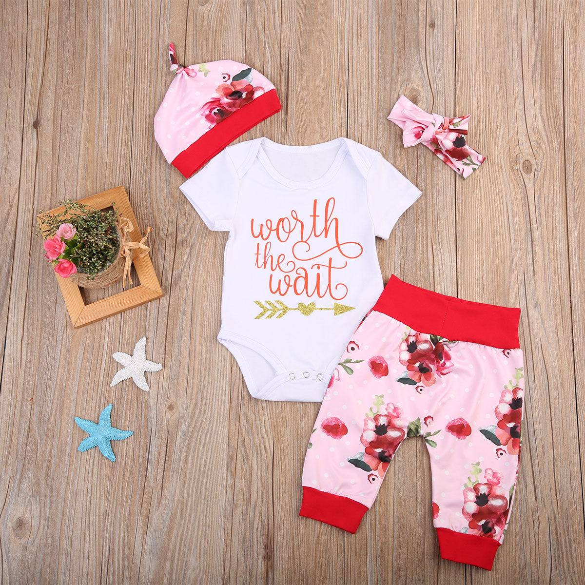 Newborn Baby Girls Worth the Wait Tops Romper Pants Floral Coming Home Outfits set - ebowsos