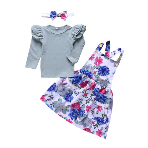 Newborn Baby Girs Long Sleeve Shirts+Floral Pocket Overalls Skirt+Headband Kids Outftits 2Pcs Clothes - ebowsos