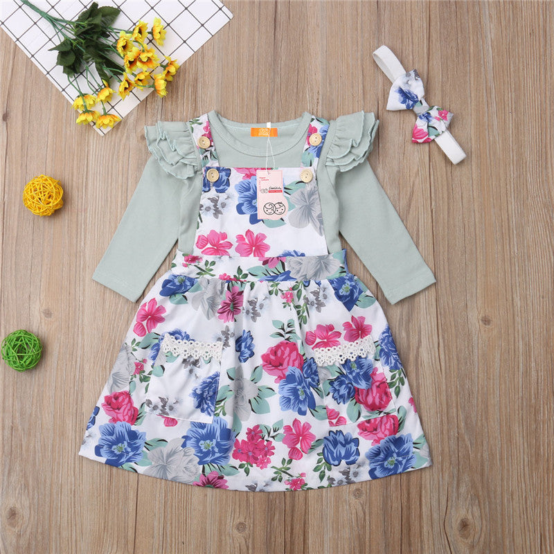 Newborn Baby Girs Long Sleeve Shirts+Floral Pocket Overalls Skirt+Headband Kids Outftits 2Pcs Clothes - ebowsos