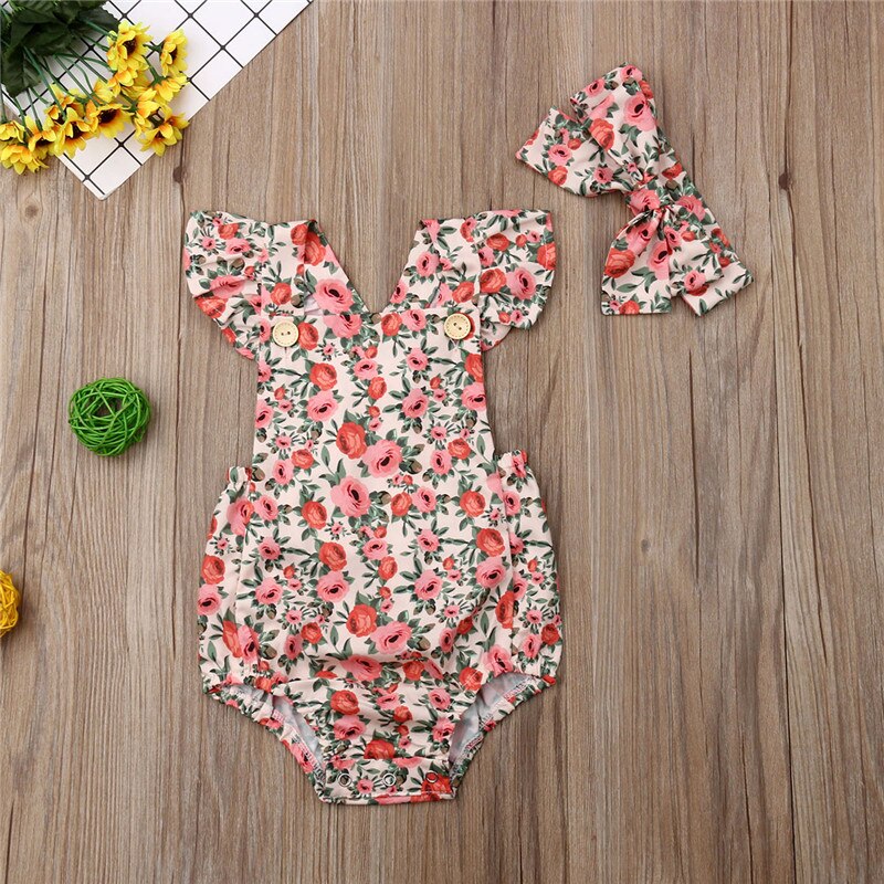 Newborn Baby Infant Girls Summer Clothes Clothing Floral Sleeveless Cotton Romper 2Pcs Outfit Clothes Set - ebowsos