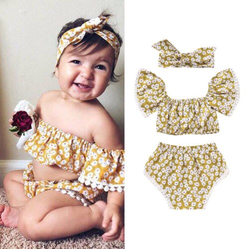 Newborn Baby Infant Toddler Girls Summer Outfits Clothes Flower Tops+Tassel Shorts Sets 3Pcs Set - ebowsos