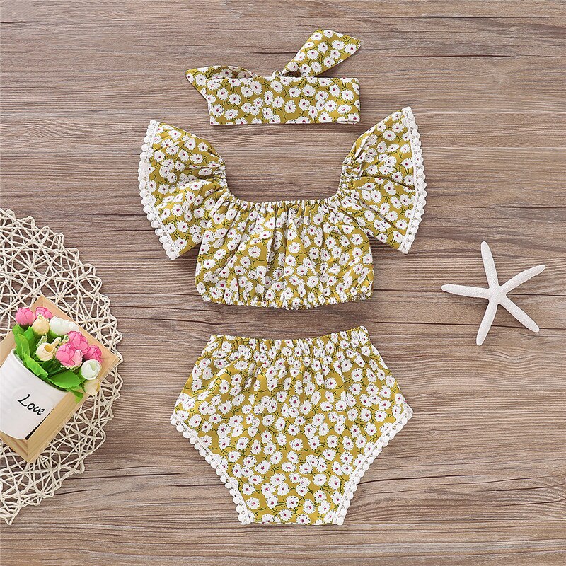 Newborn Baby Infant Toddler Girls Summer Outfits Clothes Flower Tops+Tassel Shorts Sets 3Pcs Set - ebowsos