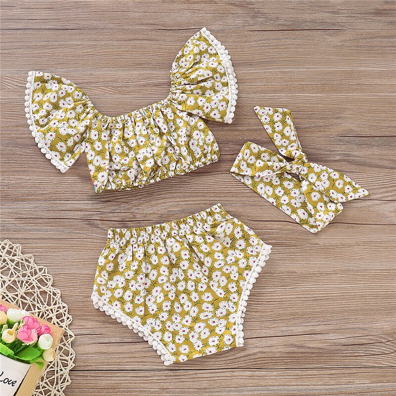 Newborn Baby Infant Toddler Girls Summer Outfits Clothes Flower Tops+Tassel Shorts Sets 3Pcs Set - ebowsos