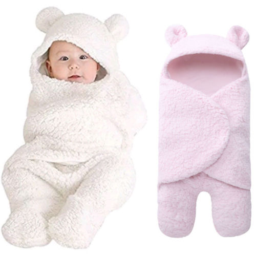 Newborn Baby Infant Winter Warm Fleece Hooded Swaddle Wrap Swaddling Blanket - ebowsos