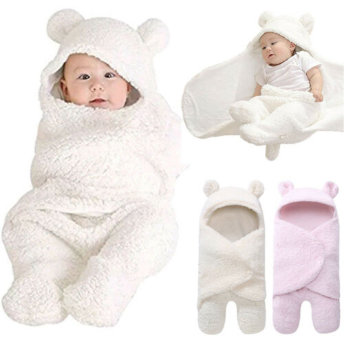 Newborn Baby Infant Winter Warm Fleece Hooded Swaddle Wrap Swaddling Blanket - ebowsos