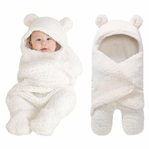 Newborn Baby Infant Winter Warm Fleece Hooded Swaddle Wrap Swaddling Blanket - ebowsos