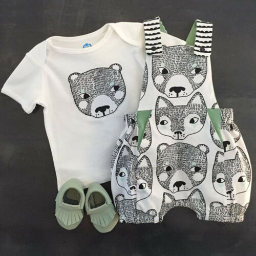 Newborn Baby Kid Boy Summer Outfit Top Shirt+Strap Short Pants Clothes - ebowsos