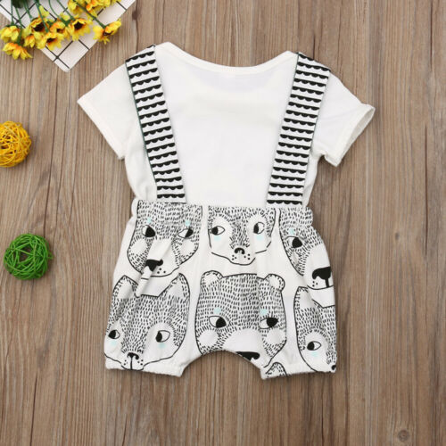 Newborn Baby Kid Boy Summer Outfit Top Shirt+Strap Short Pants Clothes - ebowsos