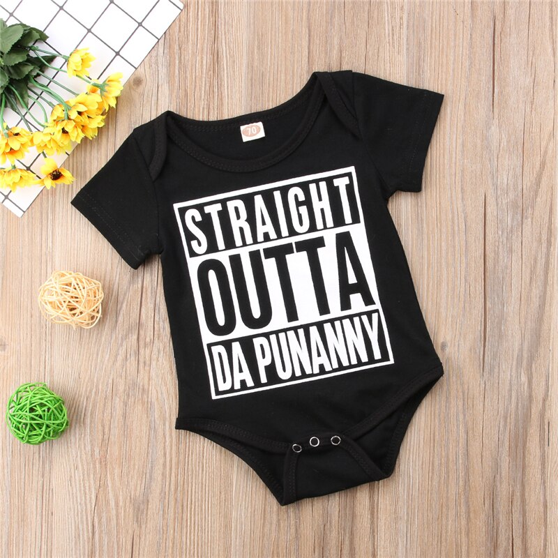 Newborn Baby Kids Boys Girls Infant Cotton Letter Print Romper Short Sleeve Jumpsuit Cotton Outfit Black - ebowsos