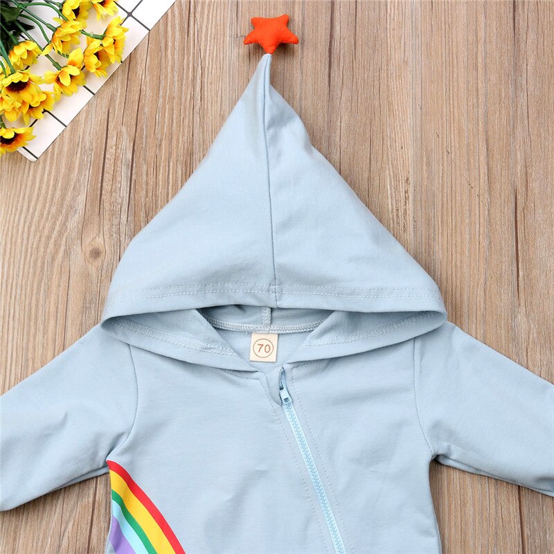 Newborn Cute Rainbow Baby Girl Boy Hooded Long Sleeve Romper Jumpsuit Autumn Baby Cotton Clothes - ebowsos