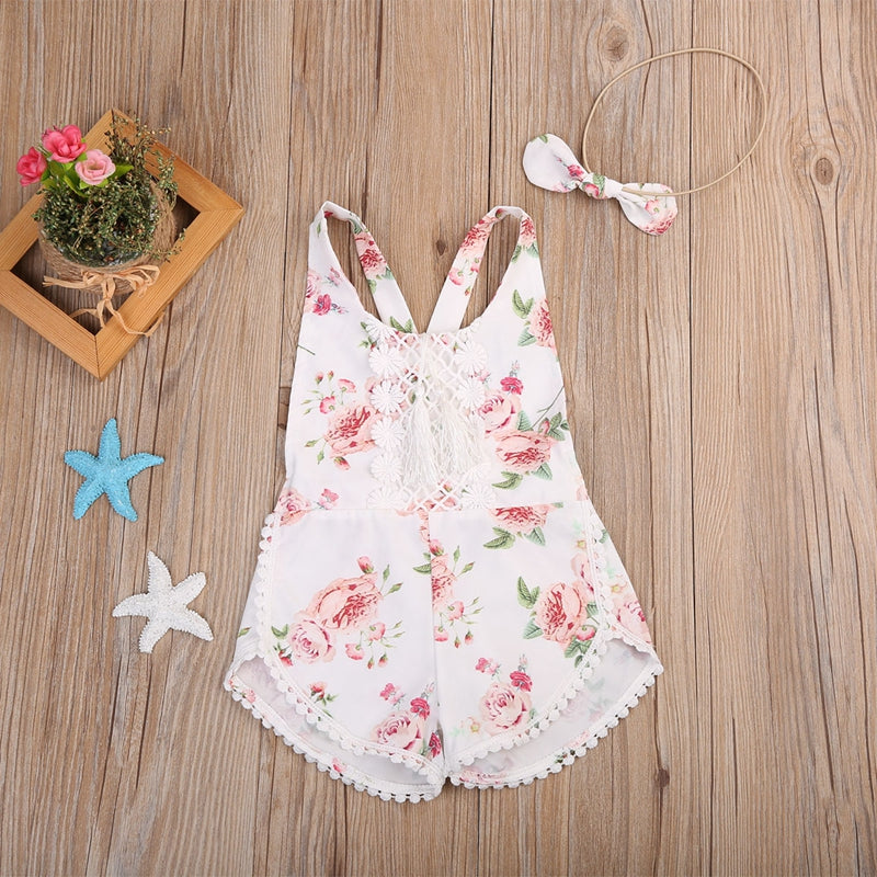 Newborn Floral Romper Baby Girl Tassel Floral Clothes Jumpsuit Romper+Headband - ebowsos