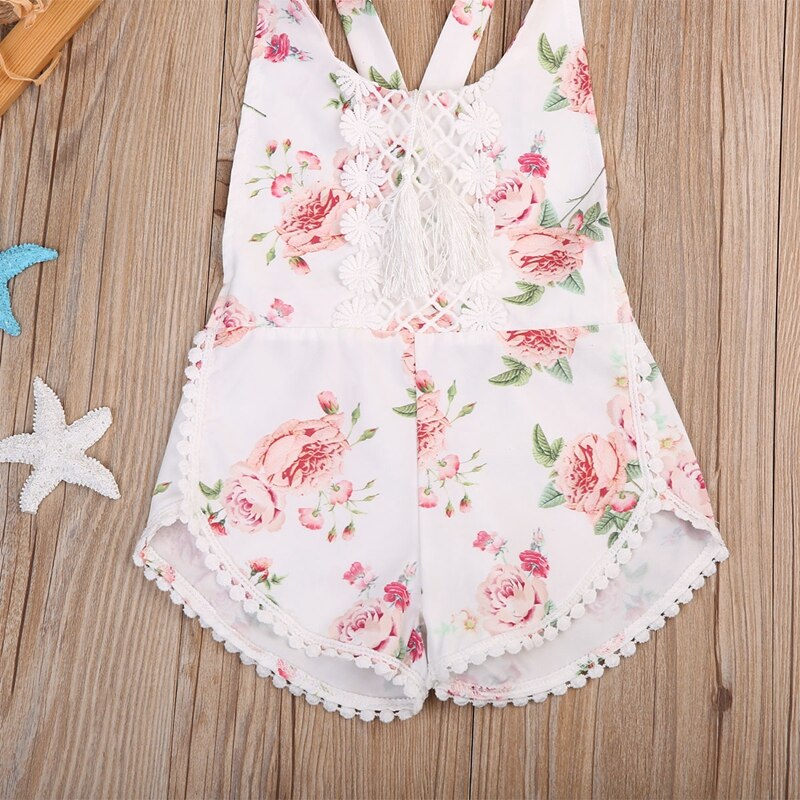 Newborn Floral Romper Baby Girl Tassel Floral Clothes Jumpsuit Romper+Headband - ebowsos